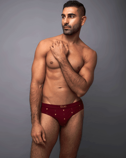 ELIO men's brief in Crimson, cotton, fitted cut, arrow motif waistband, front close view