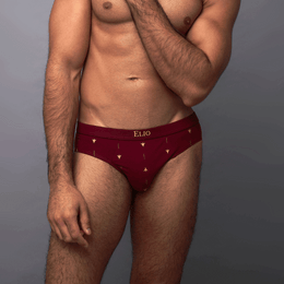 ELIO men's brief in Crimson, cotton, fitted cut, arrow motif waistband, front close view/cropped