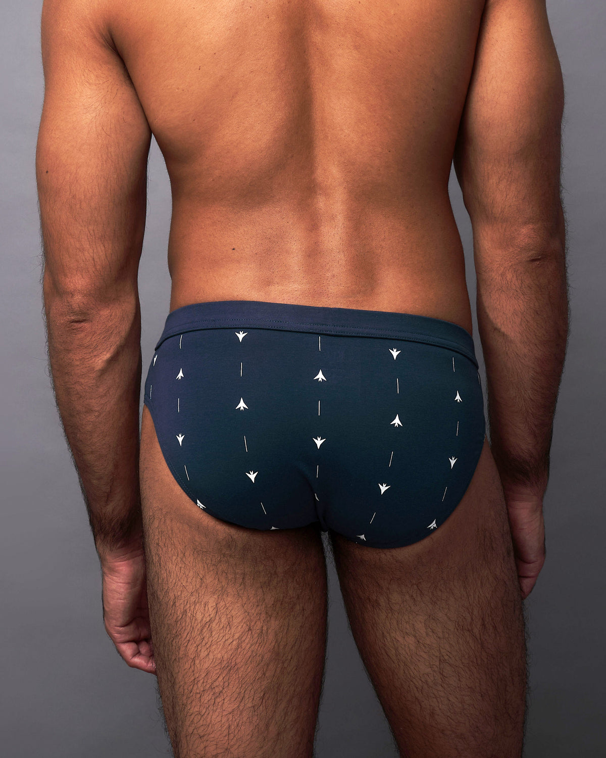 ELIO Navy low-rise briefs, rear view on model