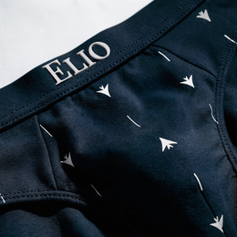 ELIO Navy brief waistband detail, arrow motif print, ELIO logo branding