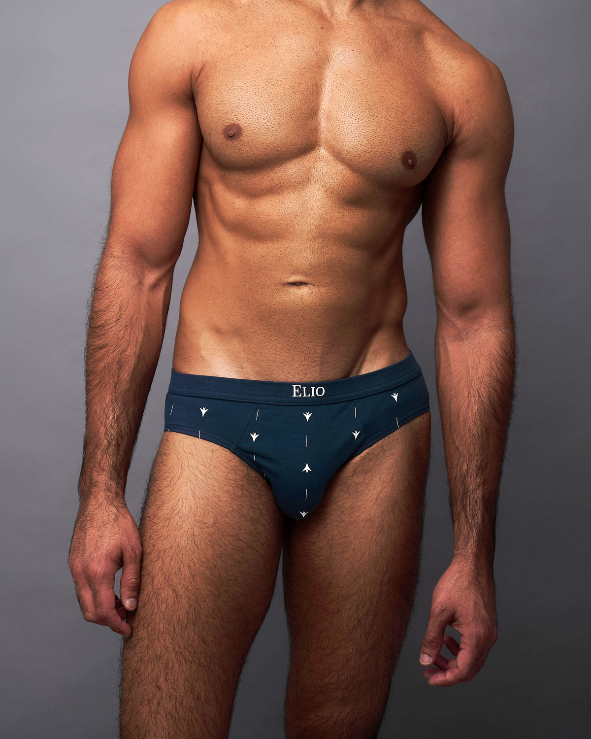 Close-up front view of ELIO Navy low-rise briefs